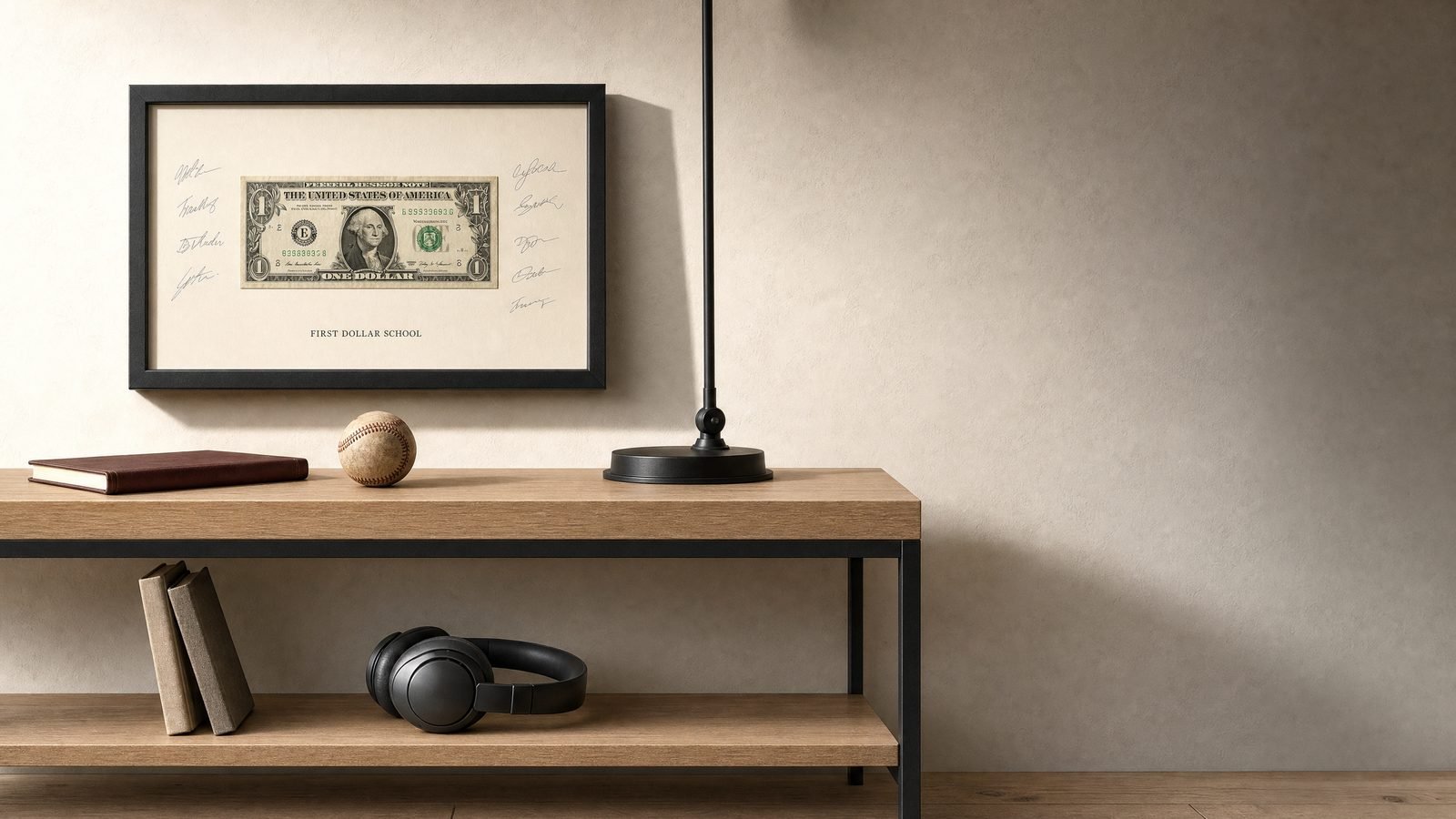 A framed first dollar bill, signed by a First Dollar School cohort, hung in a warm study above a wood console.